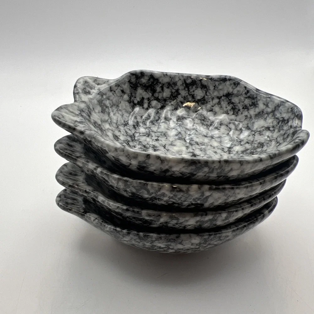 Set of 4 Grey Stone Ceramic Fish Shaped Dipping Dishes Sauce Bowls Fin Scoops